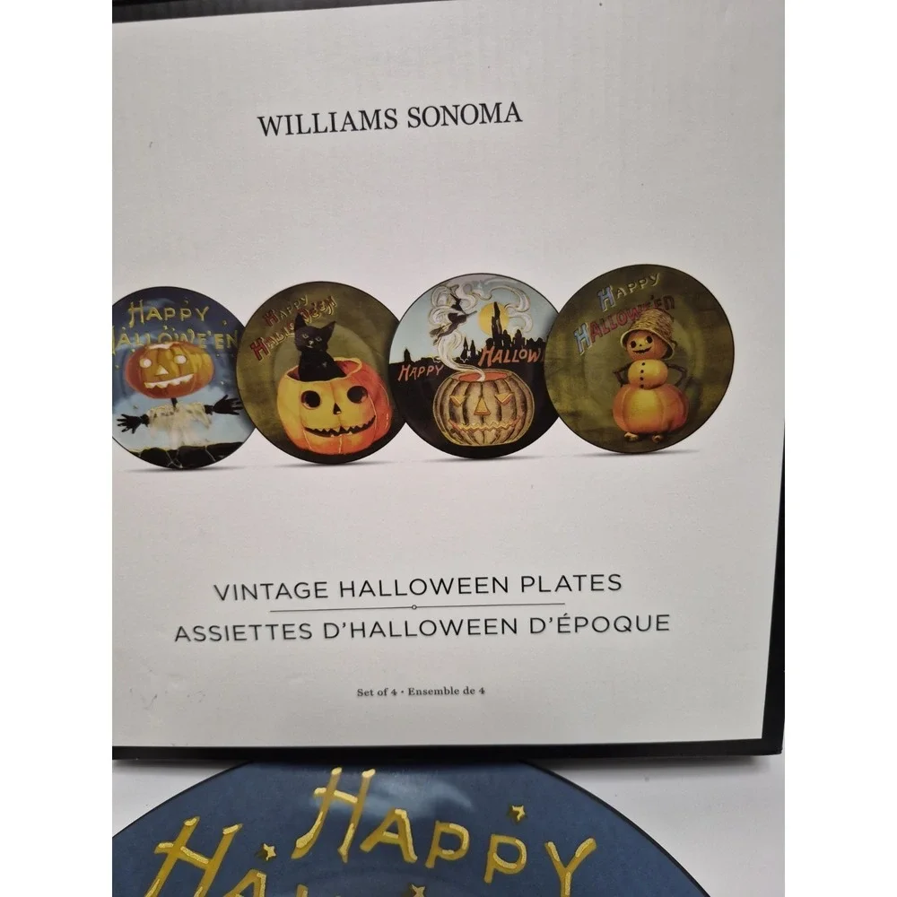 Williams-Sonoma Vintage Halloween Salad Dessert Plates Set of 4 Pumpkn black Cat